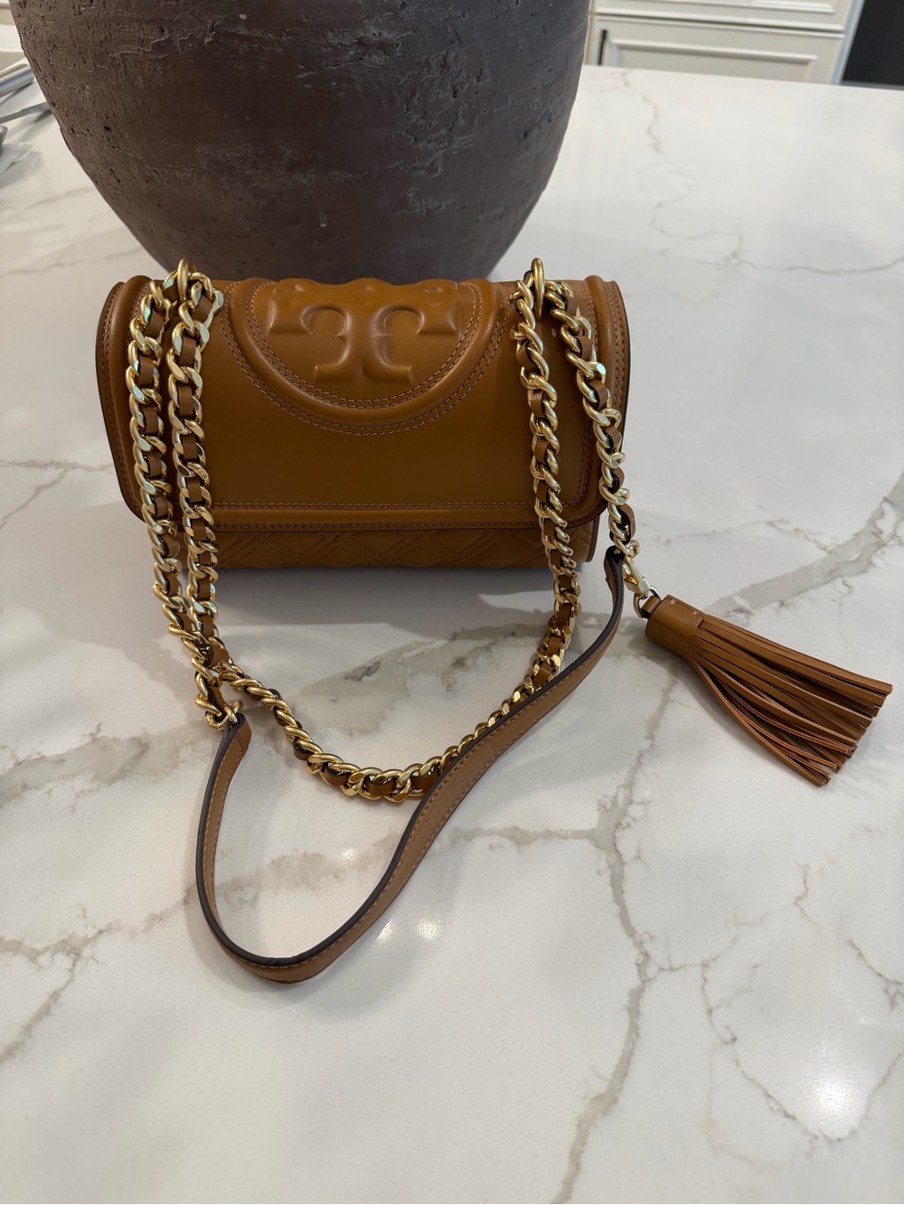 Tory Burch Caramel Brown Chain Shoulder Bag with Tassel